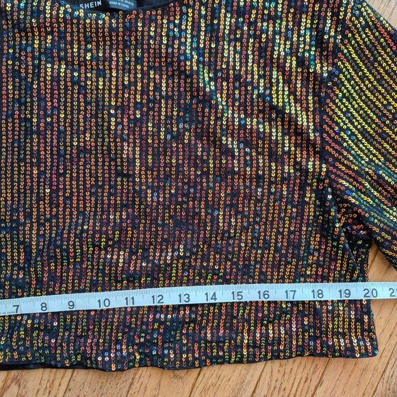 ICON Drop Shoulder Sequin Mesh Crop Blouse L Holiday Outfit - Picture 12 of 16